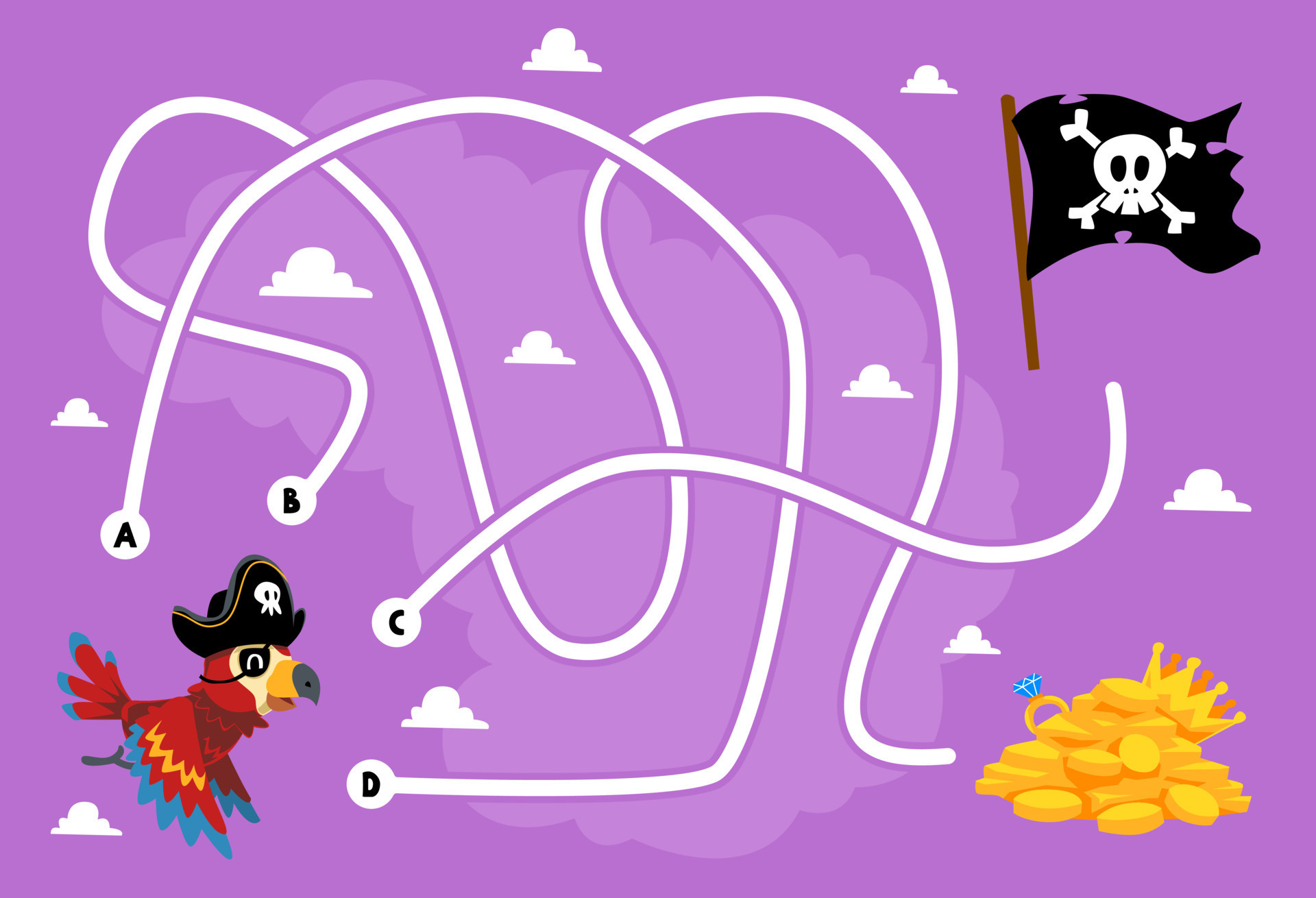 Labirinto enigma jogos para crianças Socorro fofa desenho animado papagaio  mover para bandeira ou Tesouro imprimível pirata planilha 21606505 Vetor no  Vecteezy